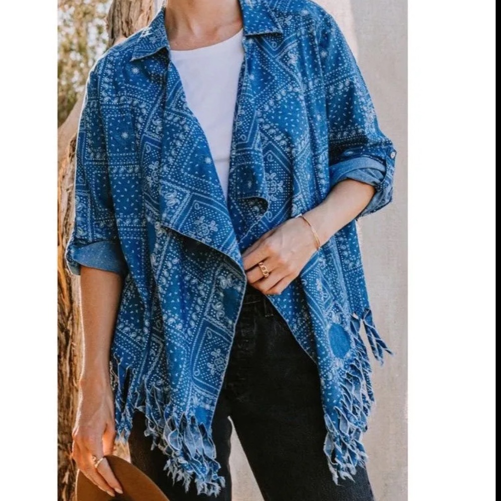 Oddi Patchwork Print Fringed Cardi Duster NWT 1X